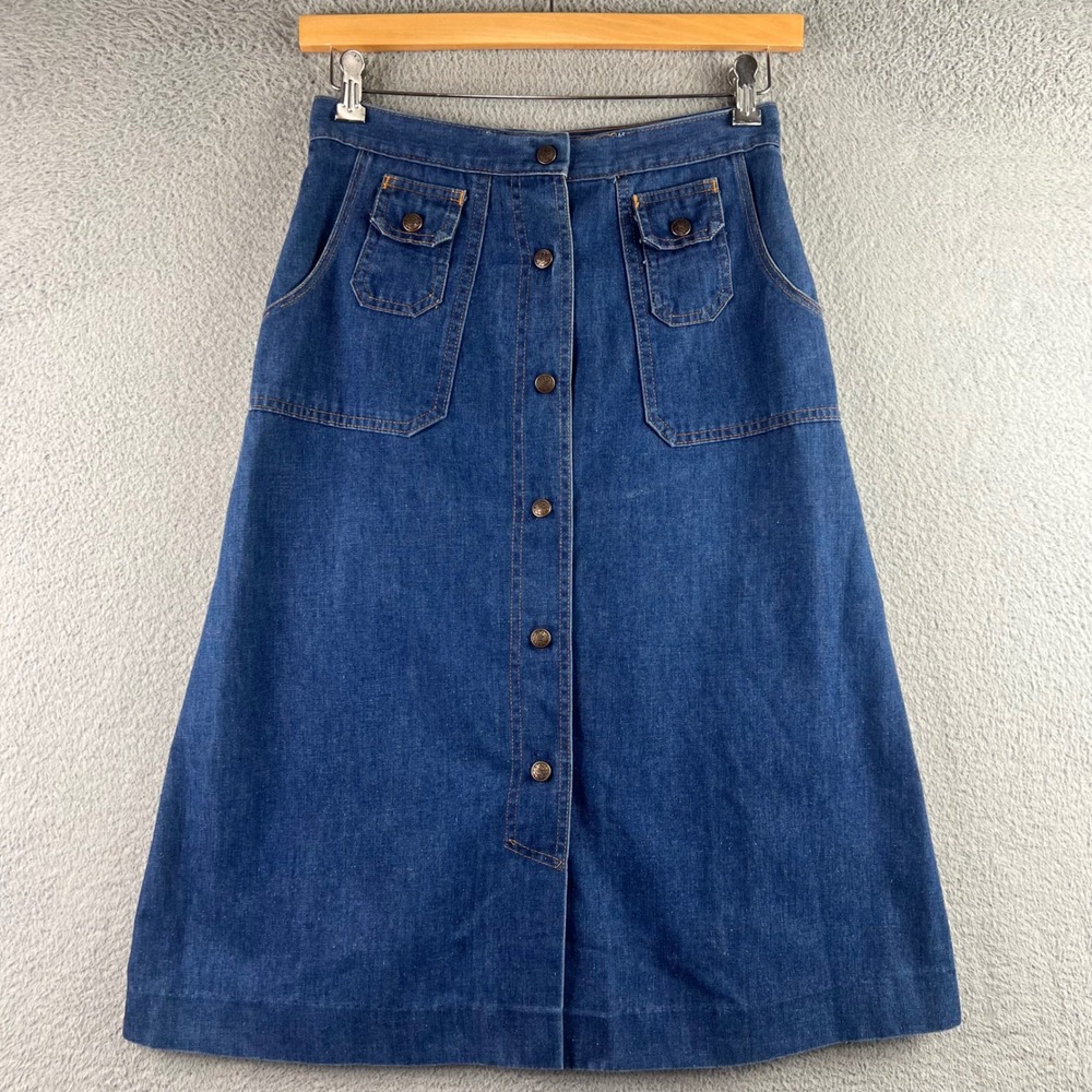 Vintage 70s  Button Front Denim A-Line Skirt Medium Wash Blue Midi Pockets 14